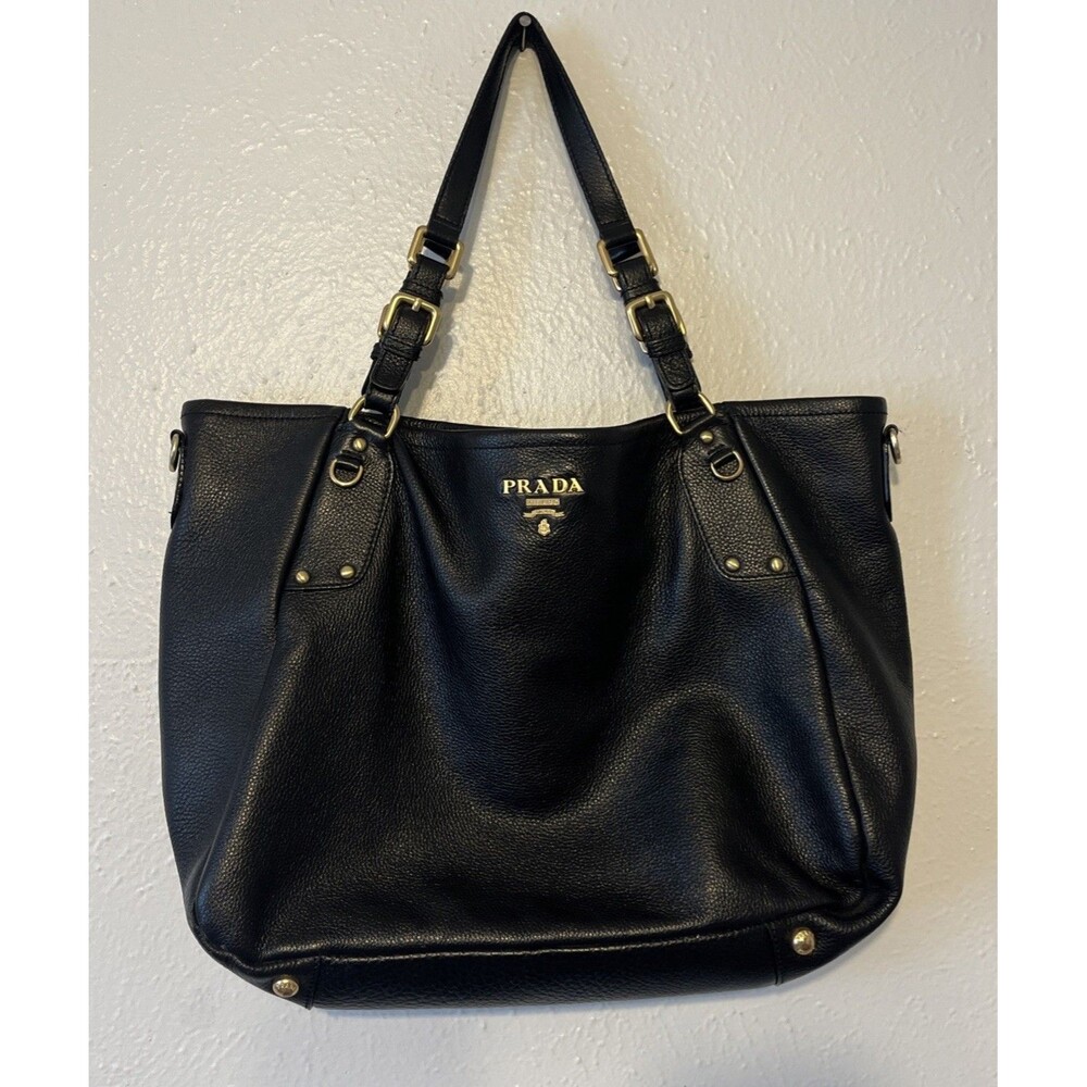 Prada Black Leather Shoulder Bag with Gold Accents